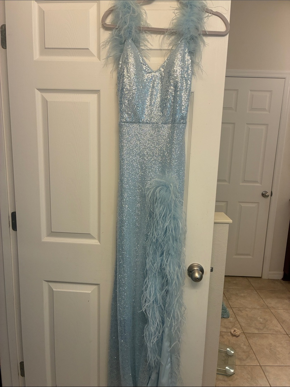 Light Blue Sequin Maxi Dress with Feather Trim, one time wears